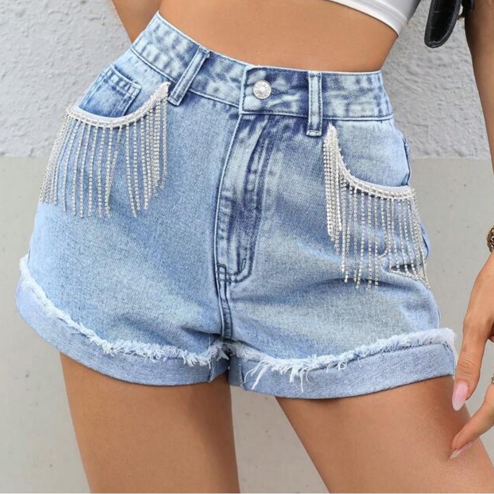 Shein rhinestone fringe trim raw cut denim shorts